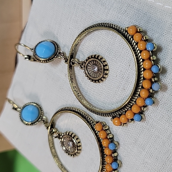 Free People Jewelry - Bohemian Bead Drop Hoop Earrings, turquoise and tangerine